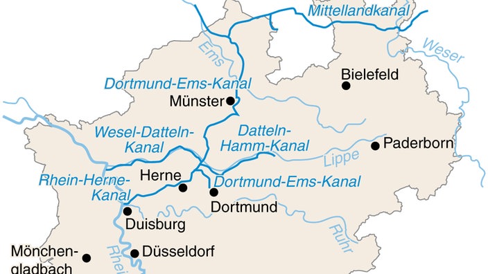 Übersichtskarte der Kanäle und Wasserstraßen im Münsterland – Dortmund-Ems-Kanal, Wesel-Datteln-Kanal, Mittellandkanal